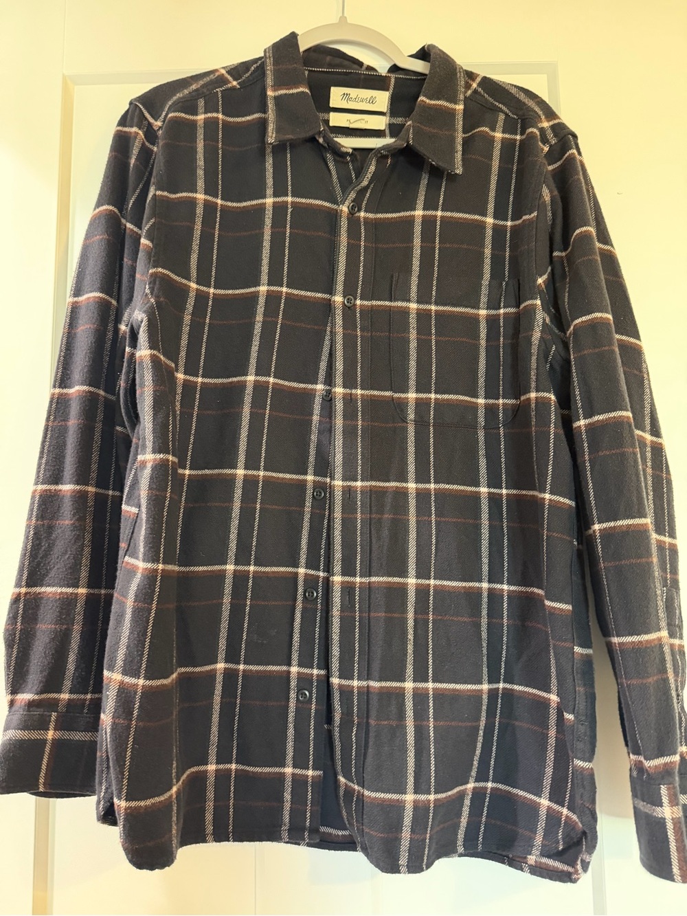 Madewell Men’s Dark Plaid Button-Down Shirt with Tan Accents